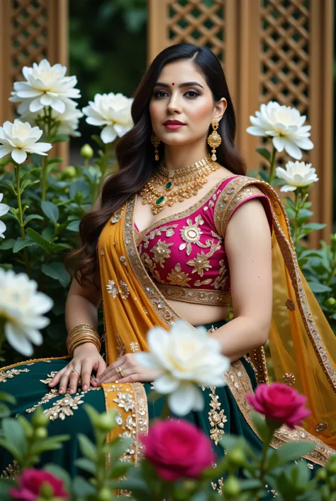 A beautiful Indian woman seated gracefully in an outdoor floral setting, wearing a traditional lehenga-choli ensemble with a richly embroidered magenta blouse, deep green skirt, and mustard-yellow dupatta draped across her shoulder. Her look is enhanced wi...