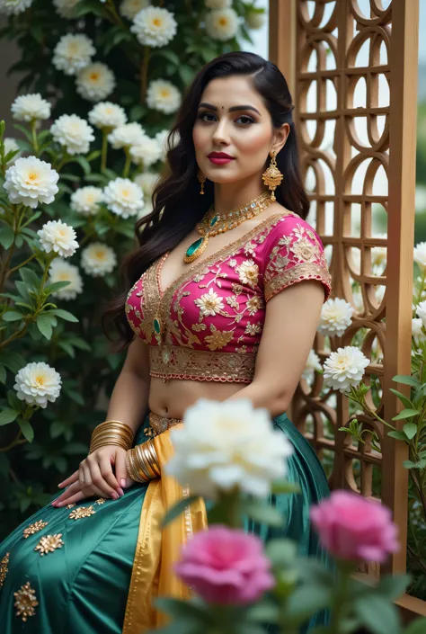 A beautiful Indian woman seated gracefully in an outdoor floral setting, wearing a traditional lehenga-choli ensemble with a richly embroidered magenta blouse, deep green skirt, and mustard-yellow dupatta draped across her shoulder. Her look is enhanced wi...