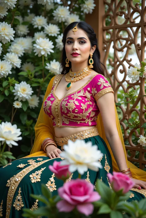 A beautiful Indian woman seated gracefully in an outdoor floral setting, wearing a traditional lehenga-choli ensemble with a richly embroidered magenta blouse, deep green skirt, and mustard-yellow dupatta draped across her shoulder. Her look is enhanced wi...
