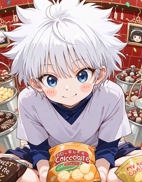 (dynamic angle,dynamic indian style),solo,leaning forward:1.3,close up face,man,killua_zoldyck, white hair, blue eyes, short hair, spiked hair, bangs, messy hair,((Surrounded by lots of packaged snacks and package of potato chips)),(( sweets and chocolate ...