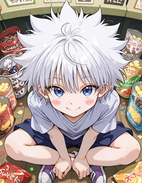 from above,(dynamic angle,dynamic indian style),solo,leaning forward:1.3,looking at viewer:1.3,close up face,man,killua_zoldyck, white hair, blue eyes, short hair, spiked hair, bangs, messy hair,((Surrounded by lots of packaged snacks and package of potato...