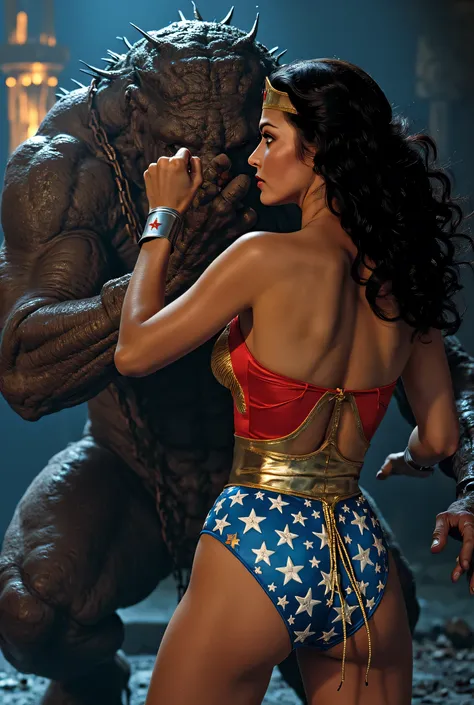 best quality at end of the day, 1 girl, unique,   Wonder Woman  , , watches viewers, Full Body, brunette,  brown eyes,  Black Forest landscape at night, ((( Surrounded by Unknown Beasts)))，Blurred Background, (((A sexual scene similar to the 1974 film Emma...