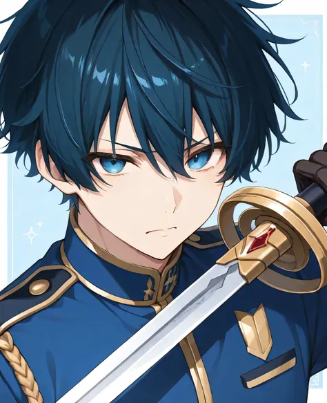 1men、is cool、blue eyes、dark blue hair 、uniform with gold lines on white、Knight、Isekai for puzzles、No expression、Serious Face、Zitoida、has a sword、Head to waist、light blue background