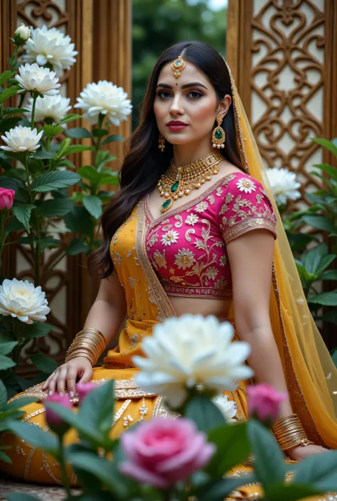 A beautiful Indian woman seated gracefully in an outdoor floral setting, wearing a traditional lehenga-choli ensemble with a richly embroidered magenta blouse, deep yellow skirt, and mustard-yellow dupatta draped across her shoulder. Her look is enhanced w...