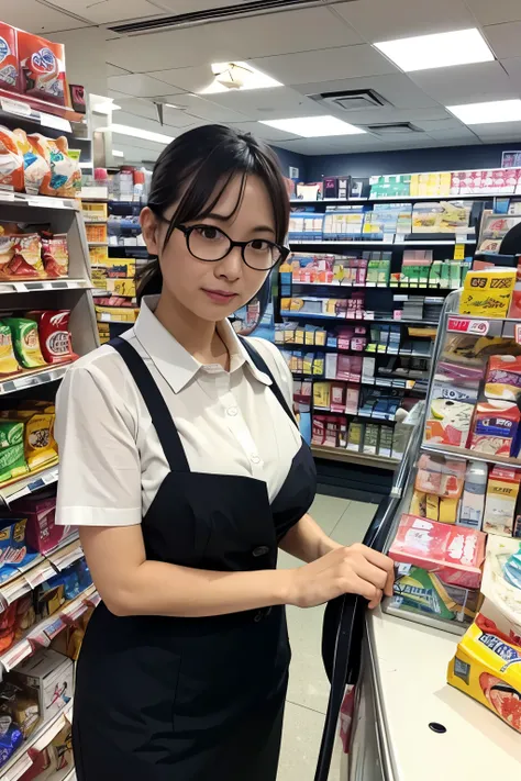 48 years old、Japanese Women、face、round face、brown hair、Slightly gray hair、wearing round glasses、Long face、the gills are slightly stretched、Narrow eyes、Dark eyebrows、short bob、Side Ponytail、C-cup bust、convenience store clerk、Displaying products wearing conv...