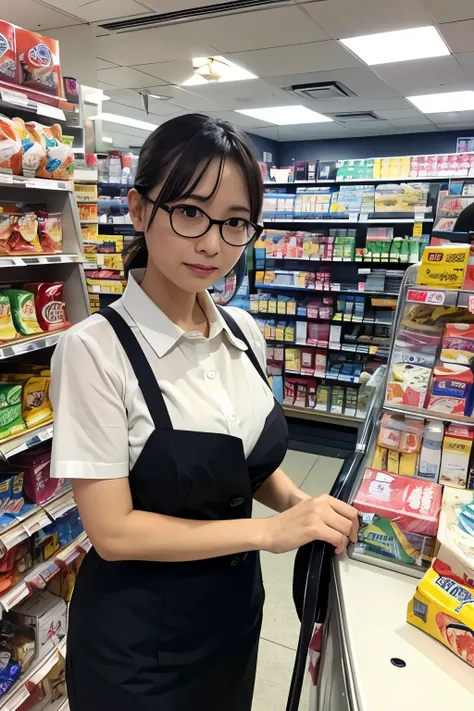 48 years old、Japanese Women、face、round face、brown hair、Slightly gray hair、wearing round glasses、Long face、the gills are slightly stretched、Narrow eyes、Dark eyebrows、short bob、Side Ponytail、C-cup bust、convenience store clerk、Displaying products wearing conv...