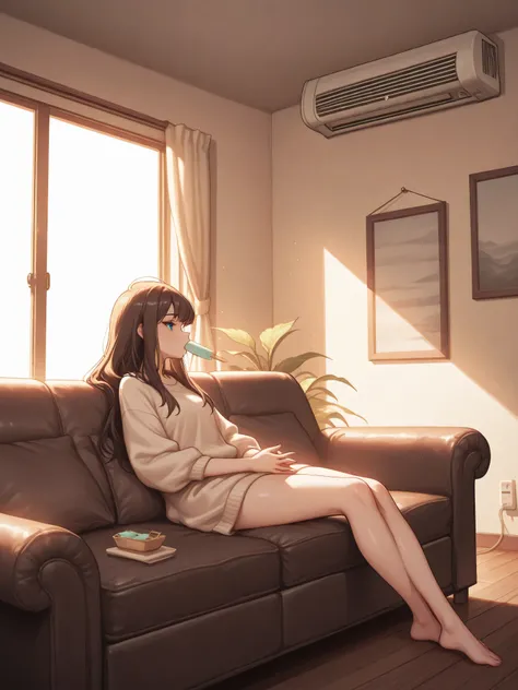 womanhood,Relax and unwind,ice cream made with the highest quality,Indoor,A room with an air conditioner,Put your hands on the couch,Soft Sunlight,Thinningな表情,classy vibe,High Quality,4K,Seimitsu,Thinning,Portrait
