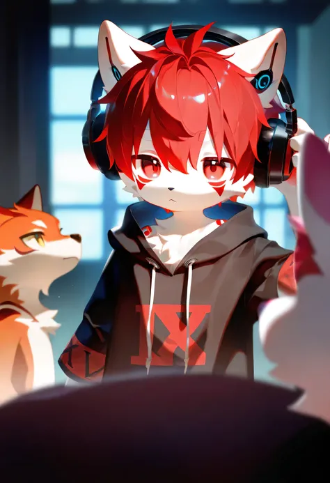 (lv1  _ Rubily ), xi410,  748 cm , alens     , nyalia  , Advantages ,   1 boy  ,  unique ,  Furry,   cute, beast,   Masterpiece,  best quality, Very detailed,Red hair and white fur , Wolf,participate, Furry毛 , with headphones,Tattoo, unique,trend, blurry b...