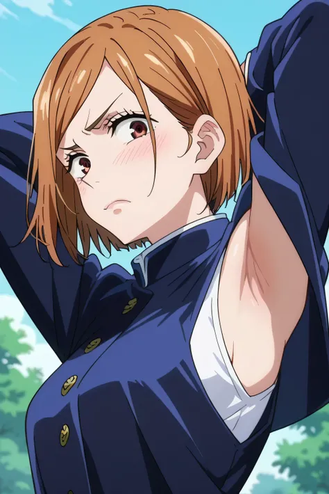 nabara kugisaki,anime screencap,1girl,solo,mature,short hair,school uniform,jacket,looking at viewer,outdoors, arm behind head, armpit, medium breasts, from side, from below, armpits up close, close-up of armpits, both armpits, looking at viewer with disgu...
