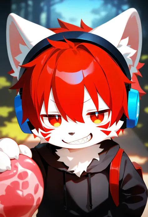 (lv1 _ Rubily ), xi410, 748 cm , alens , nyalia , Advantages , 1 boy , unique , Furry, cute, beast, Masterpiece, best quality, Very detailed,red hair and white fur , Wolf,participate, Furry毛 , Wearing headphones,tattoo, unique,trend, blurry background with...