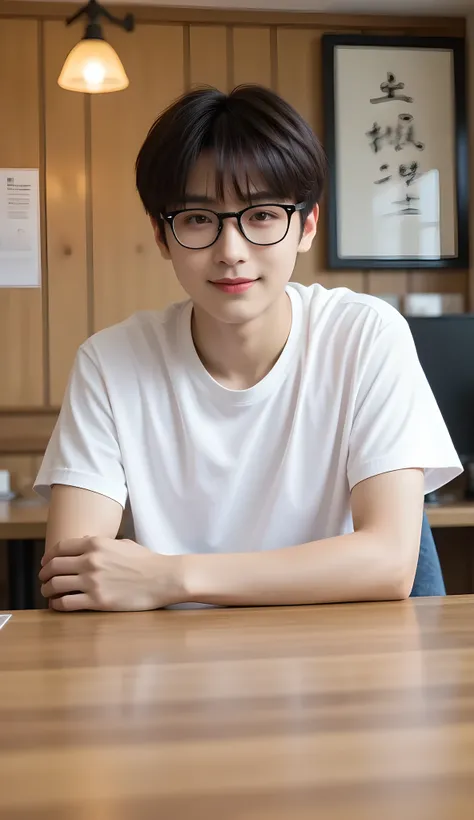 A handsome 25-year-old half Korean, half Japanese man sitting in front of the camera, there is a large wooden table between the camera and the man, the man is smiling, has short black hair with waist, black fine eyes, a gentle smile, sharp eyebrows, a roun...