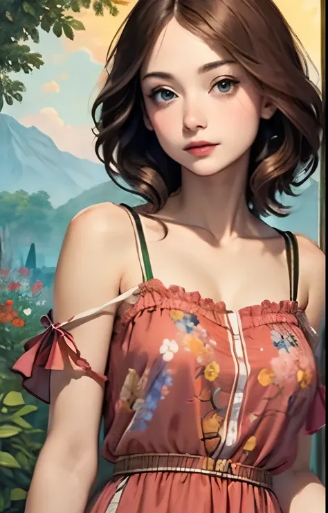 394 ((young woman)),(shorthair),(Neat hair),(floral dress),(Leonardo da Vinci style paintings)