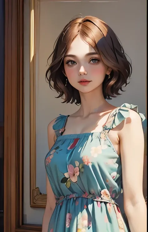 394 ((young woman)),(shorthair),(Neat hair),(floral dress),(Leonardo da Vinci style paintings)