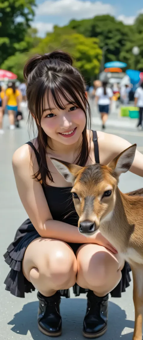 (Thighs close up:1.5),(She is feeding deer crackers to the deer in Nara Park),(She is stroking the deer's head),(Thick thighs),(beautiful girl:1.3),1girl,Black Hair, Round eyes,Black camisole,pleated skirt,legs up,((squatting, spread legs)),
