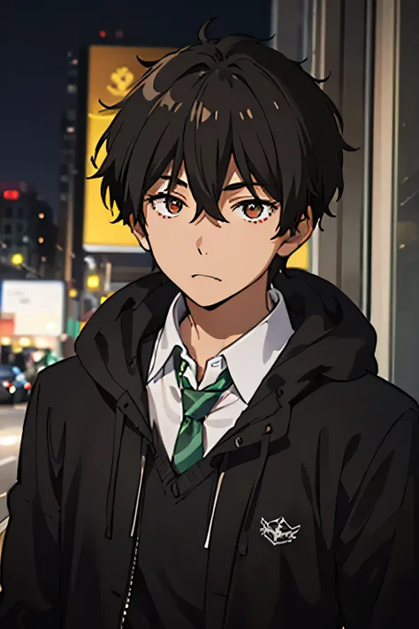 22 years old man, indonesian, slightly plump body, black hair, red eyes, wearing a casual men's shirt, wearing a slightly messy green striped tie, wearing a brown parka jacket, calm, cold, genius, analytical, sharp, silly, cheerful, likes to joke, Sharp ey...