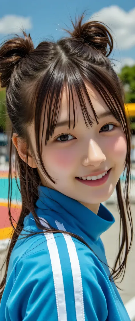(Bra removed:1.5),(Lips Close-ups :1.8),from above,(beautiful girl:1.3),1girl,brown hair,double buns,Bright blue track jacket,smile,school ground,tilt one's head,Beautiful glossy lips