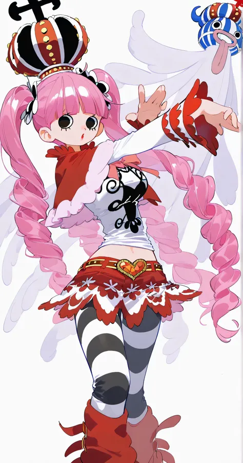 short pants, flat chest, clothed, covered body, tight clothes, cropped clothes, oversized longsleeve, loose socks, medium breasts, long hair, detailed clothes decoration, A dynamic pose, detailed background, cute pose, temptation pose, Perona, one piece 