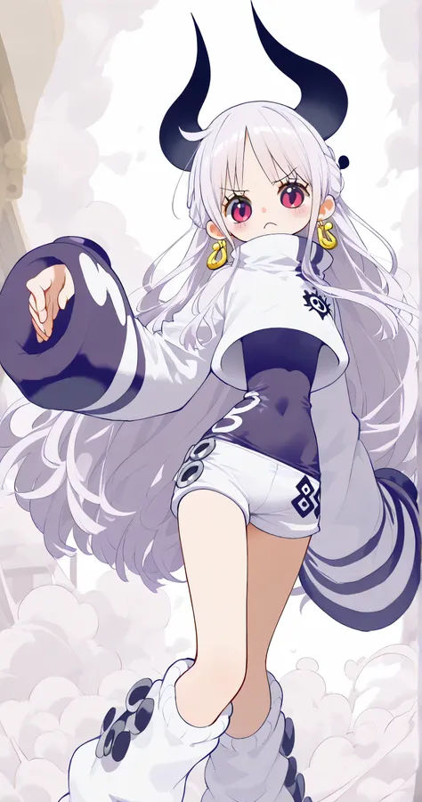 short pants, flat chest, clothed, covered body, tight clothes, cropped clothes, oversized longsleeve, loose socks, medium breasts, long hair, detailed clothes decoration, A dynamic pose, detailed background, cute pose, temptation pose, S-Snake, one piece 