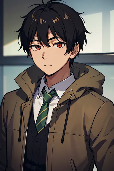 22 years old man, indonesian, slightly plump body, black hair, red eyes, wearing a casual men's shirt, wearing a slightly messy green striped tie, wearing a brown parka jacket, calm, cold, genius, analytical, sharp, silly, cheerful, likes to joke, Sharp ey...