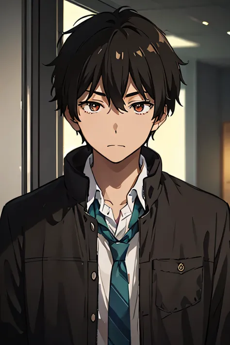 22 years old man, indonesian, slightly plump body, black hair, red eyes, wearing a casual men's shirt, wearing a slightly messy green striped tie, wearing a brown parka jacket, calm, cold, genius, analytical, sharp, silly, cheerful, likes to joke, Sharp ey...
