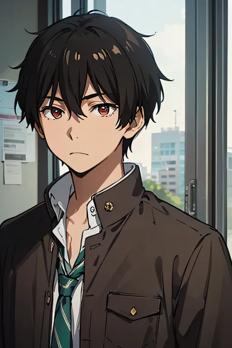 22 years old man, indonesian, slightly plump body, black hair, red eyes, wearing a casual men's shirt, wearing a slightly messy green striped tie, wearing a brown parka jacket, calm, cold, genius, analytical, sharp, silly, cheerful, likes to joke, Sharp ey...