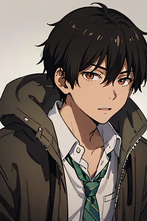22 years old man, indonesian, slightly plump body, black hair, red eyes, wearing a casual men's shirt, wearing a slightly messy green striped tie, wearing a brown parka jacket, calm, cold, genius, analytical, sharp, silly, cheerful, likes to joke, Sharp ey...