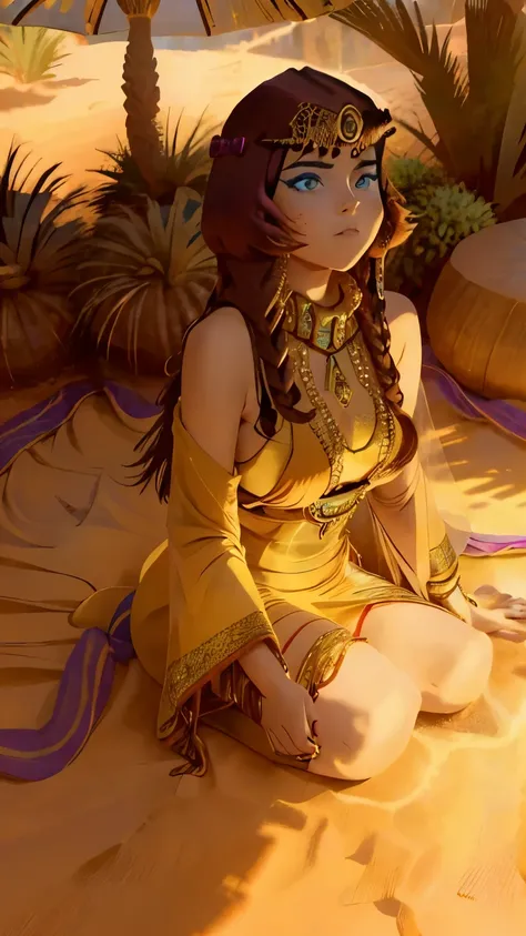 photo of alluring Hathor beautiful woman sparkling splashing rainbows, ((bright eyes)), super long braids, (laying in Moroccan oasis), palms, dunes, oasis, glistening, exotic jewelry, riad, dripping, iridescent, long kaftan abaya (masterpiece) (best qualit...