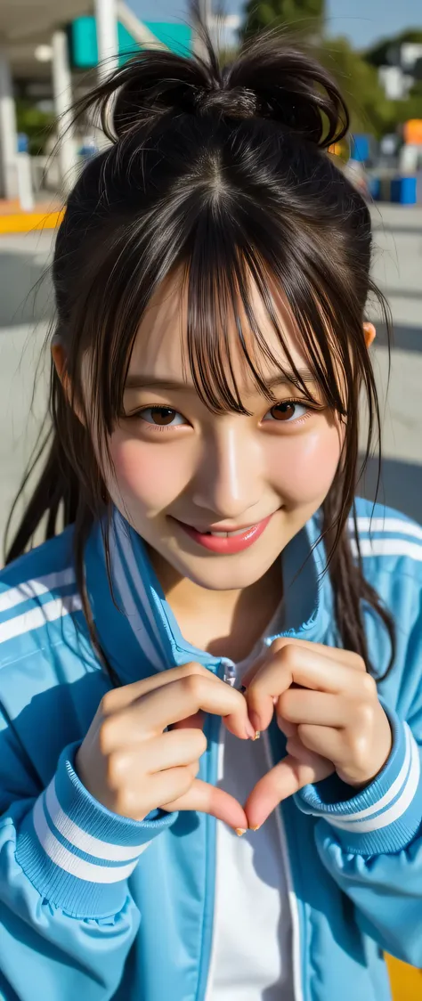 (((heart hands))),(Lips Close-ups :1.8),from above,(beautiful girl:1.3),1girl,Black Hair,Bright blue track jacket,smile,school ground,tilt one's head,Beautiful glossy lips