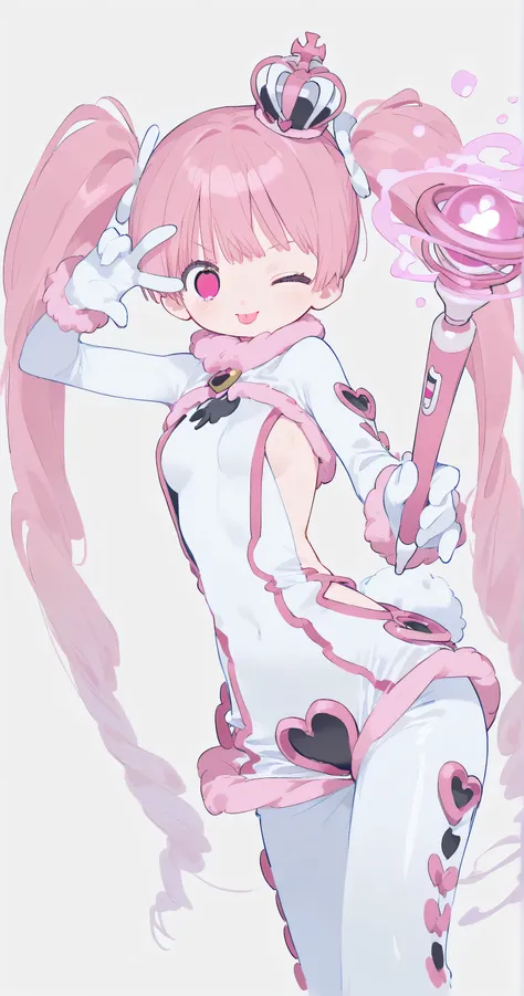 Sideless bodysuit, small breasts, pink and white, magic wand, a dynamic pose, wink, tongue, v over eye 