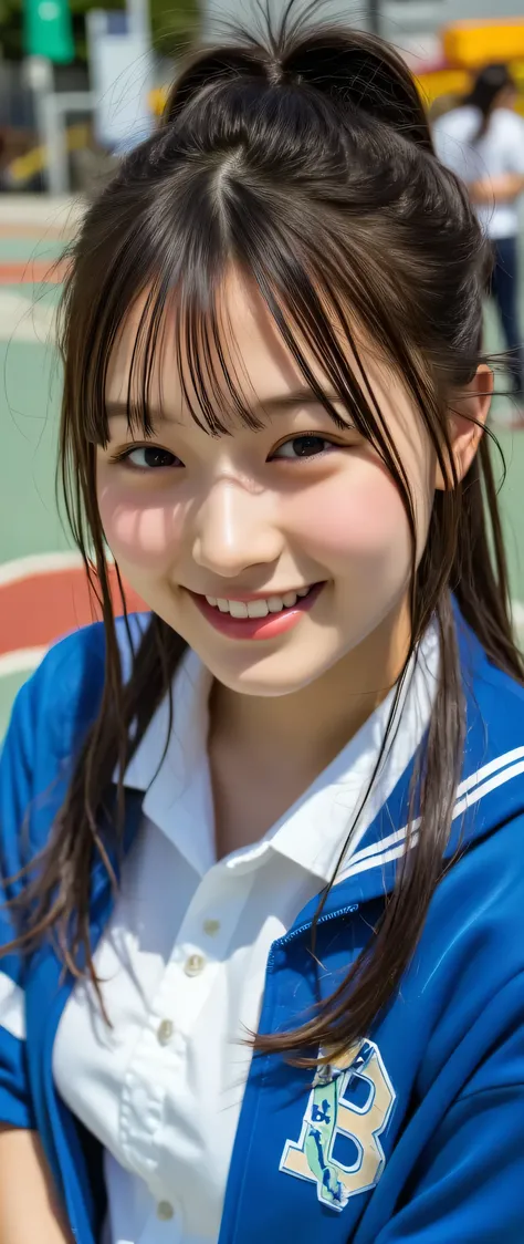 closed eyes,(kiss),(Lips Close-ups :1.8),from above,(beautiful girl:1.3),1girl,Black Hair,Bright blue track jacket,smile,school ground,tilt one's head,