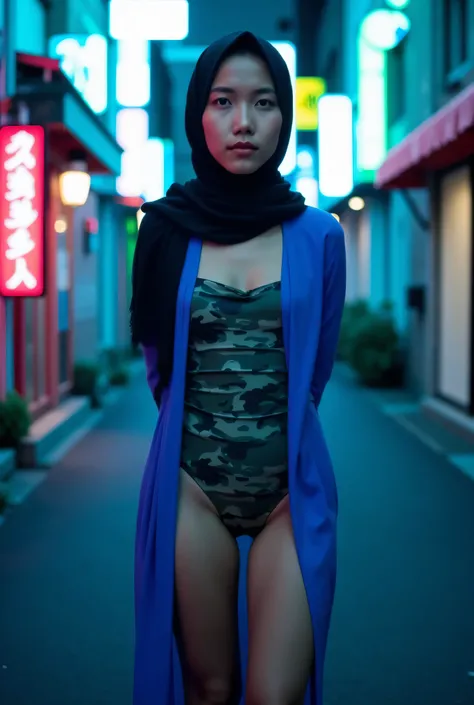 (KIMONO COAT), Disappointed facial expression, Front posing, Wearing Scarf neck tie, Front posing, SUPER SKINNY, (Thighs and calves huge muscles), (((MOODY FACE EXPRESSION))), "Wearing Hijab perfectly",  wearing Scoop Neck Sleeveless neon light blue Bodysu...