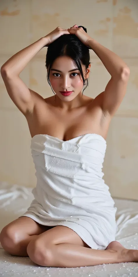 water droplets create a wet water effect,seorang wanita, sexy posing on the mattress, both arms raised above the head, wearing a towel wrapping the body, lengan telanjang, bahu telanjang, payudara besar, lipstik merah, tubuh sempurna, short hair of black ...
