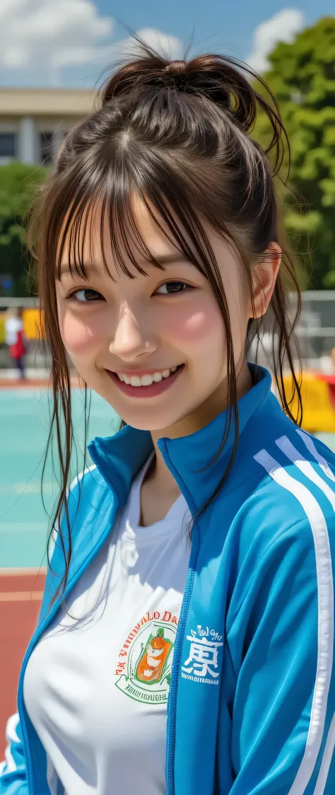 (tilt one's head:1.5), (Big round ass),(big breasts),(beautiful girl:1.3),1girl,Round eyes,(She is sweating profusely),Bright blue track jacket,,smile,school ground,