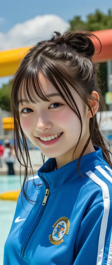 (Big round ass),(big breasts),(beautiful girl:1.3),1girl,Black Hair, Round eyes,(She is sweating profusely),Bright blue track jacket,smile,school ground,tilt one's head