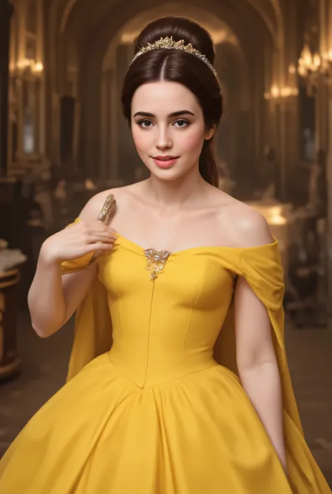 D-Belle, A detailed digital portrait of Lily Collins reimagined as Belle from Beauty and the Beast. She is wearing Belle's signature outfit — a yellow off shoulder princess dress. Her hair is styled like Belle's classic long, brown hair, tied back in a low...
