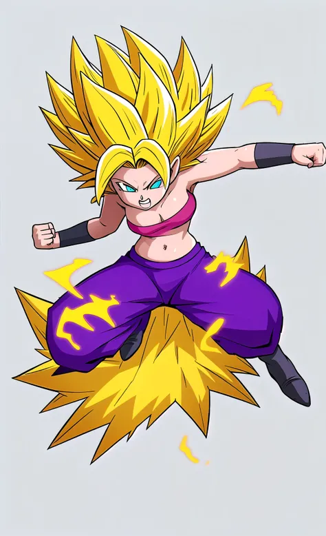 masterpiece,  caulifla, Yellow hair, spiked hair,  blue eyes, purple pants black footwear,  tube top, bracer, White background , dynamic angle , flying , looking viewer