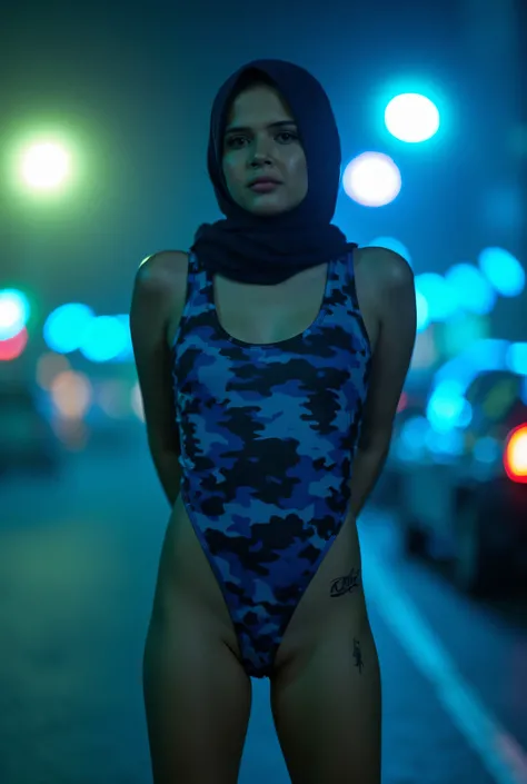 (KIMONO COAT CLOSING ALL FINGERS ), Disappointed facial expression, Front posing, Wearing Scarf neck tie, Front posing, SUPER SKINNY, (Thighs and calves huge muscles), (((MOODY FACE EXPRESSION))), "Wearing Hijab perfectly",  wearing Scoop Neck Sleeveless n...