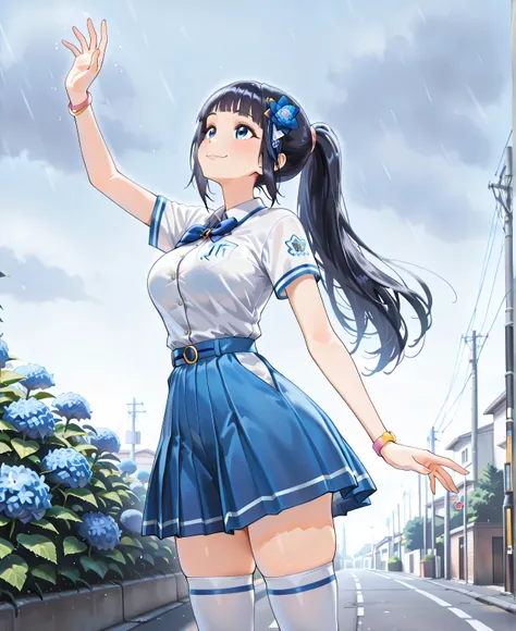 1girl, solo, virtual YouTuber, Aoi_costume 2, dark haired, long hair, ponytail, cropped bangs, hair ornament, white thigh high socks, Big Tits,Street,From rain to clear day,By the hydrangea field,looking up at the sky,holding one hand up,Smile Yan