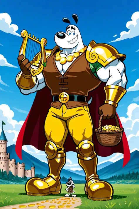 A Giant muscular dudley puppy (T.U.F.F Puppy), white dog, gigantic chin, cartoon 2d style, saturaded colors, giant size, macro size, full body, gigantic muscular body, giant castle background, Masterpiece, best quality, high quality, detailed, Dudley Puppy...