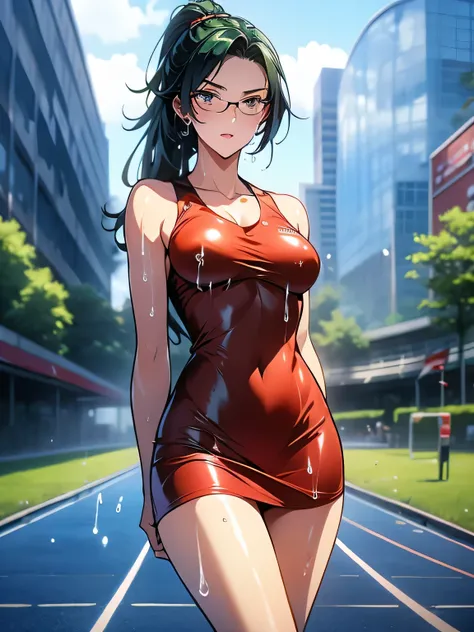 nsfw、animation、Highest image quality、high definition、Supreme Masterpiece、one woman、watching a movie、blue-green hair、long hair、ponytail、is wearing glasses、embarrassed expression、small breasts、slim figure、dark red short dress、tight mini skirt、sleeveless、Cine...