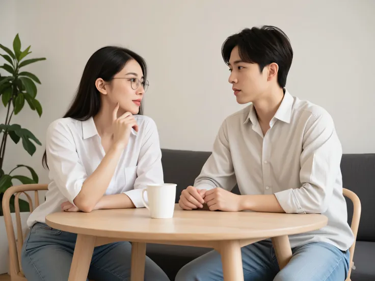 A young korean woman and young korean man are seated at a light wooden table, positioned in the mid-ground and center-left of the image. The woman, on the left, is in her late twenties, and the man, on the right, is also in his late twenties. They are bot...
