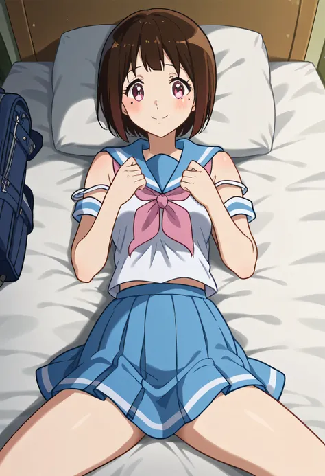 score_9, score_8_up , score_7_up , Source_Anime,  Katorina 々Seko , shorthair, Bang, brown hair, pink eyes, Mole, Mole under eye, medium breasts, chemise in her cozy room,  strap slip, transparent, bare skin shoulders, color bone, thighs, bedroom, LOVE HOTE...