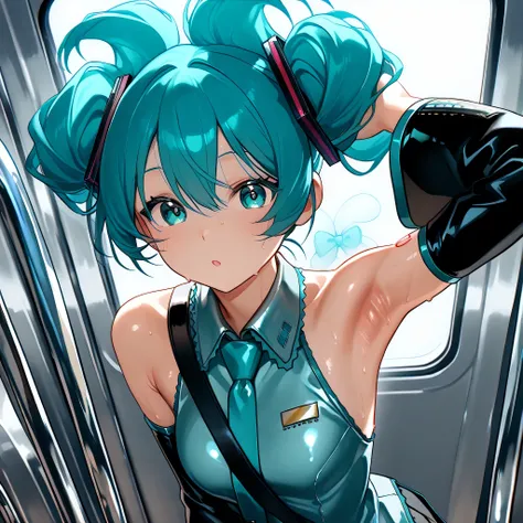 Hatsune Miku gets on a train and holds a leather strap with one hand、official costume、Exposing armpits、My whole body looks hot and sweaty、Sweaty、Seen from the front