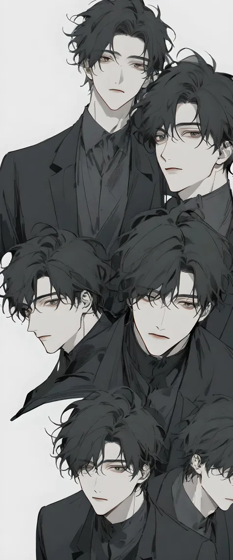 Boys,Boys角色设计,Three views,head, is handsome脸插画,Young,Dark color,manga style,avatar,line,with bangs, is handsome,strong ones,black suit,,Blank Background,sitting across,Details。