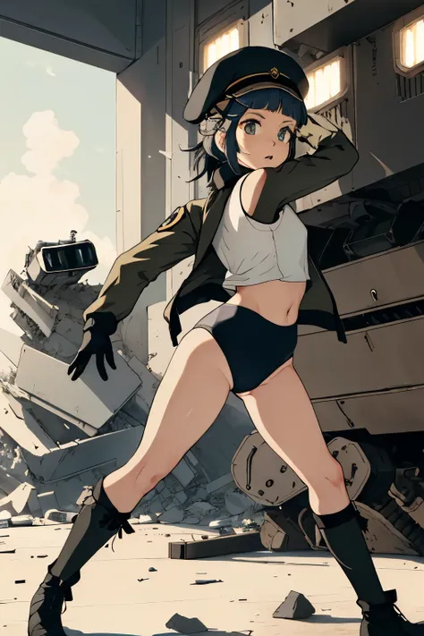 masterpiece , best quality, highres ,1girl,black long hair ,Angry  face , beret, blue eyes, black gymnastics bloomers,high leg,self wedgie , flat chest , sleeveless,Victorian blouse,  gloves, ultra detailed , Standing, (masterpiece, best quality, anime sty...
