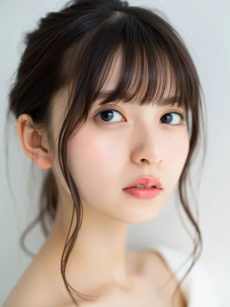 1girl, 25years old woman, cute face, Small breasts, medium breasts, large breasts, beautiful face, (perfectly detailed face), ((looking at viewer)), Simple Background, ((white background)), ((white wallpaper)), White skin, (bright lighting:1.2), perfect li...