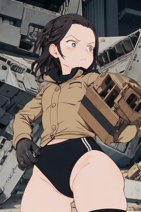 masterpiece , best quality, highres ,1girl,black long hair ,Angry face , beret, blue eyes, black gymnastics bloomers,high leg,self wedgie , flat chest , sleeveless,Victorian blouse, gloves, ultra detailed , Standing, (masterpiece, best quality, anime sty...