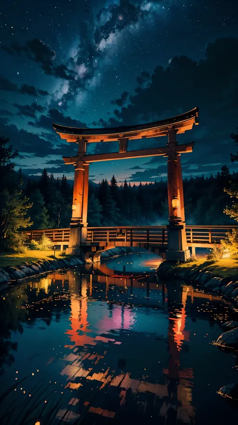 Draw a high resolution anime lofi scene, 16mm view of a torii surrounded by fireflies on a bridge over a lake, cerisiers, nuit de pleine lune, reflection , starry sky, cloudy and wide open, subdued ambiance , lanterns hanging from the bridge, light, coule...
