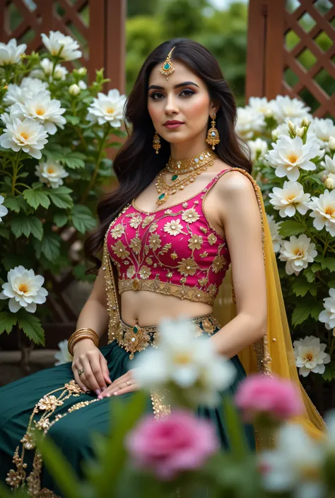 A beautiful Indian woman seated gracefully in an outdoor floral setting, wearing a traditional lehenga-choli ensemble with a richly embroidered magenta blouse, deep green skirt, and mustard-yellow dupatta draped across her shoulder. Her look is enhanced wi...