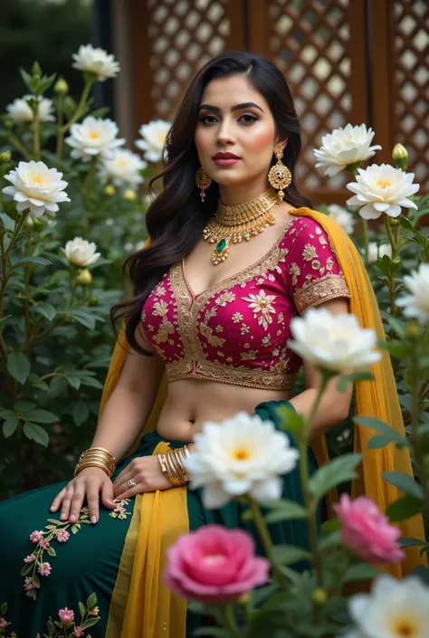 A beautiful Indian woman seated gracefully in an outdoor floral setting, wearing a traditional lehenga-choli ensemble with a richly embroidered magenta blouse, deep green skirt, and mustard-yellow dupatta draped across her shoulder. Her look is enhanced wi...